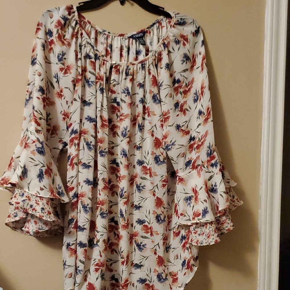 Chaps Multicolored Floral Ruffle Bell 3/4 Sleeve Blouse Xl.